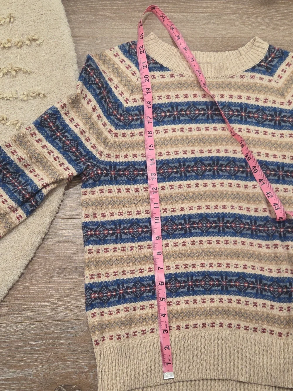 J. Crew Cream Crewneck Sweater with Blue Fair Isle Pattern
